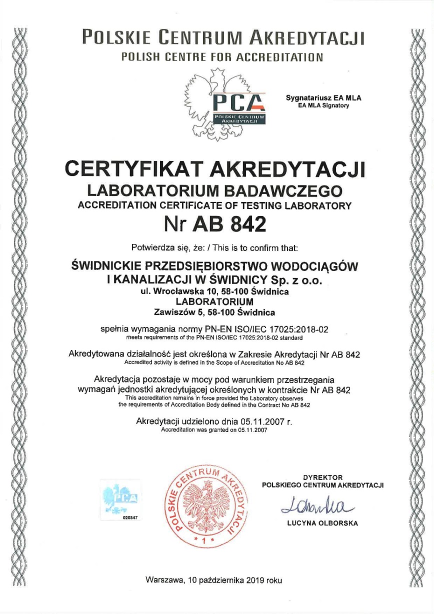 Certyfikat akredytacji AB 842